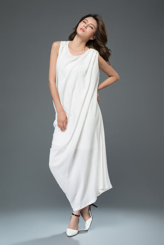 Irregular white plus size linen dress c909