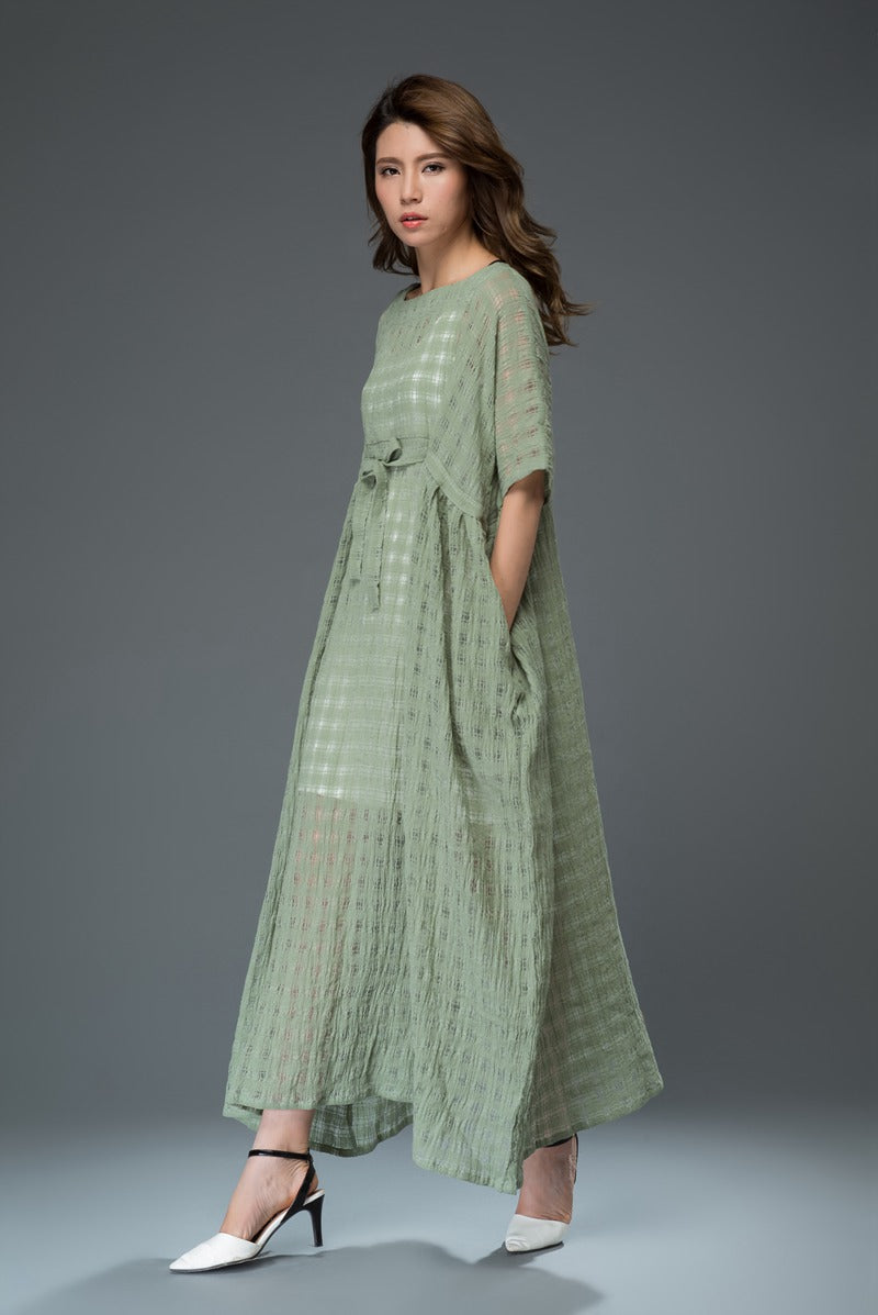 Green plus size plaid long linen dress c921