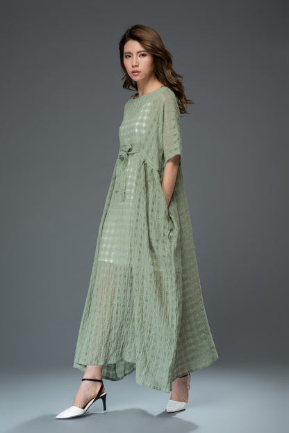 Green plus size plaid long linen dress c921