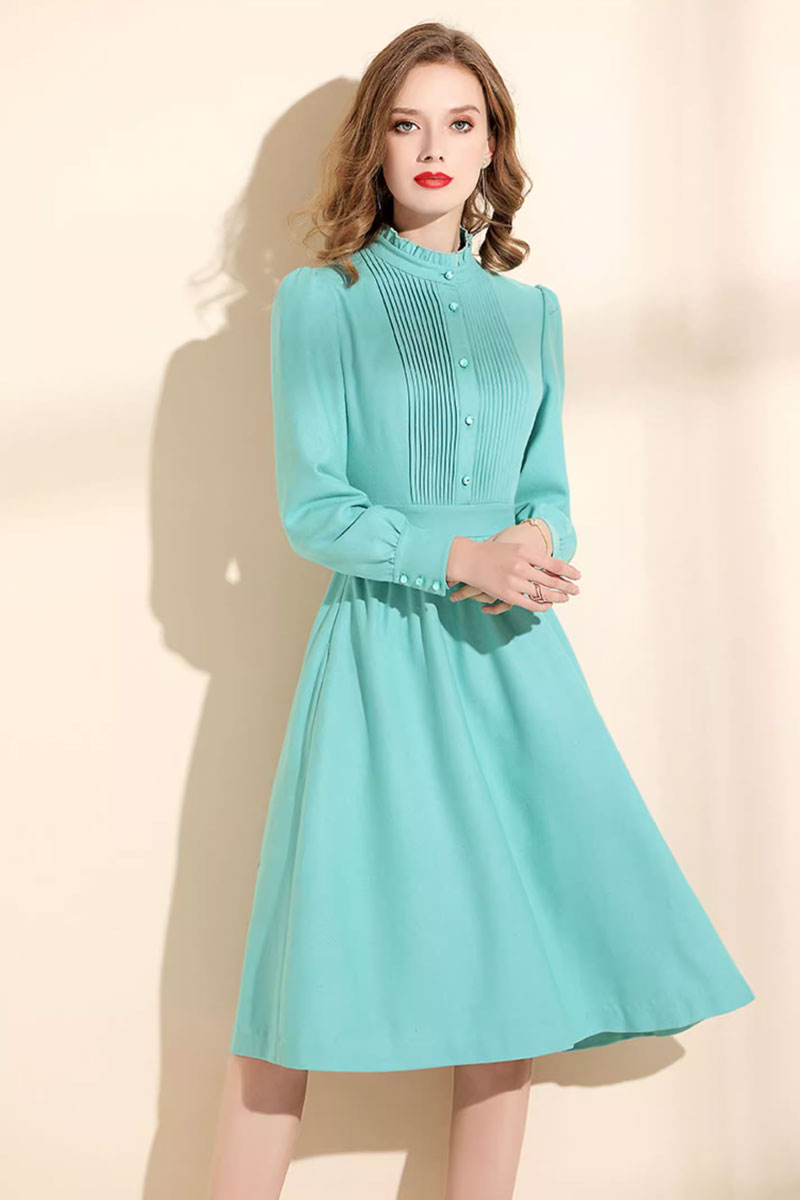 Mint green wool dress, womens winter dress with ruffle details C3466