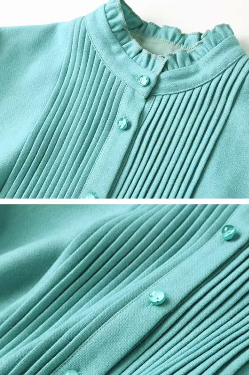 Mint green wool dress, womens winter dress with ruffle details C3466