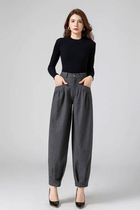 Wool Baggy Pants Women, Tapered Pants C3593