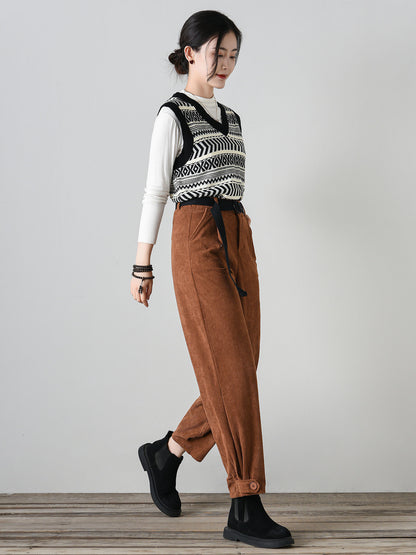 Tie belt loose fitting corduroy pants women C4697