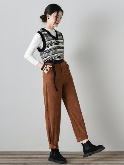 Tie belt loose fitting corduroy pants women C4697