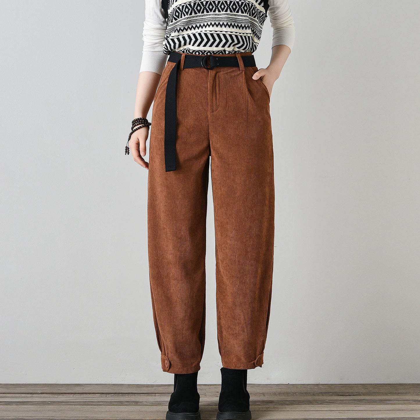 Tie belt loose fitting corduroy pants women C4697