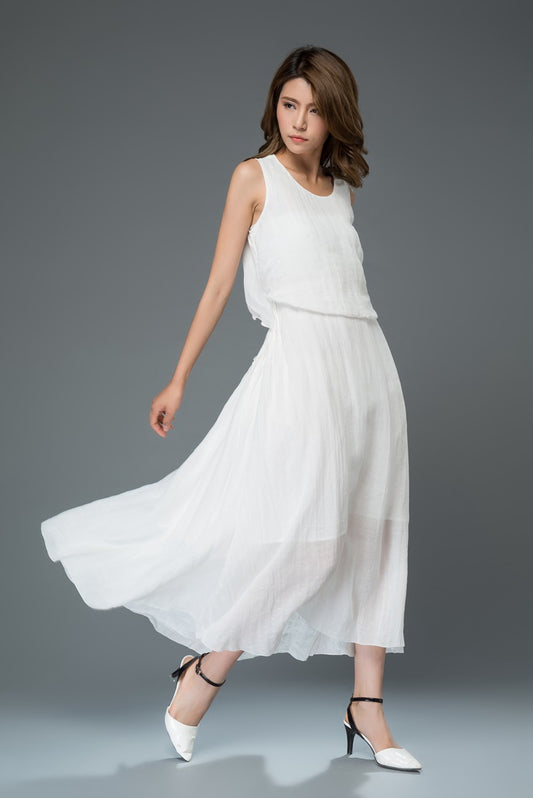 White summer prom linen dress women c911