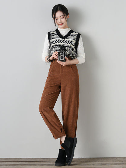 Tie belt loose fitting corduroy pants women C4697