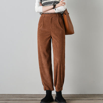 Tie belt loose fitting corduroy pants women C4697