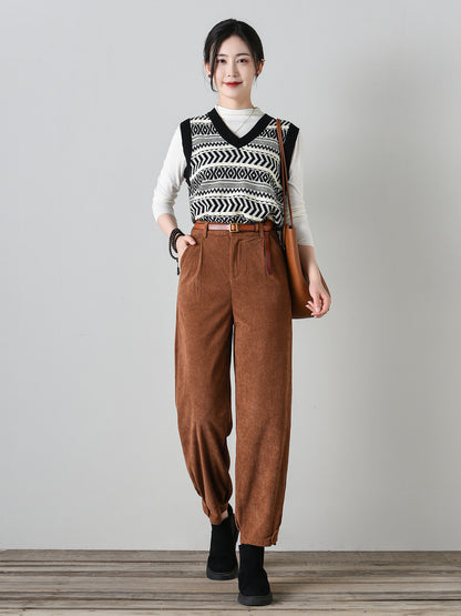 Tie belt loose fitting corduroy pants women C4697