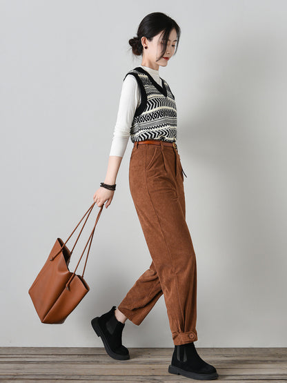 Tie belt loose fitting corduroy pants women C4697