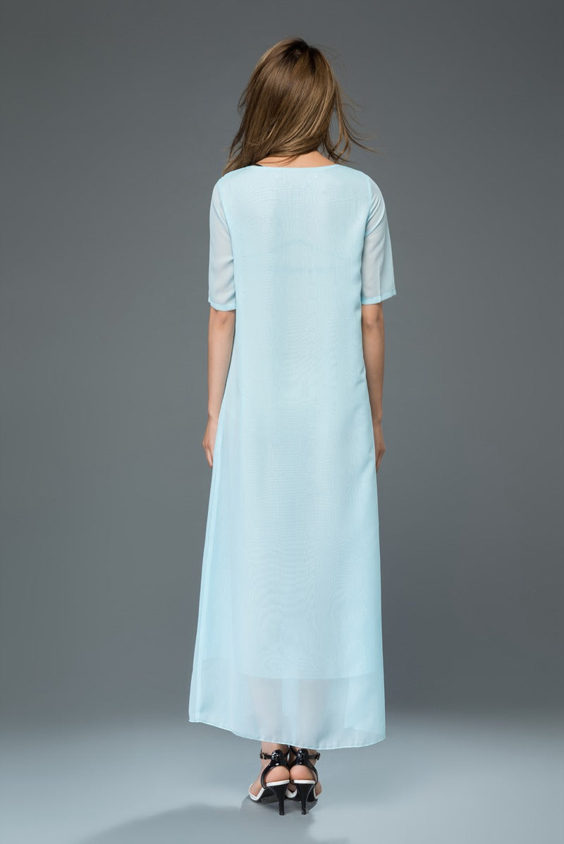 Swing maxi blue chiffon dress women c916