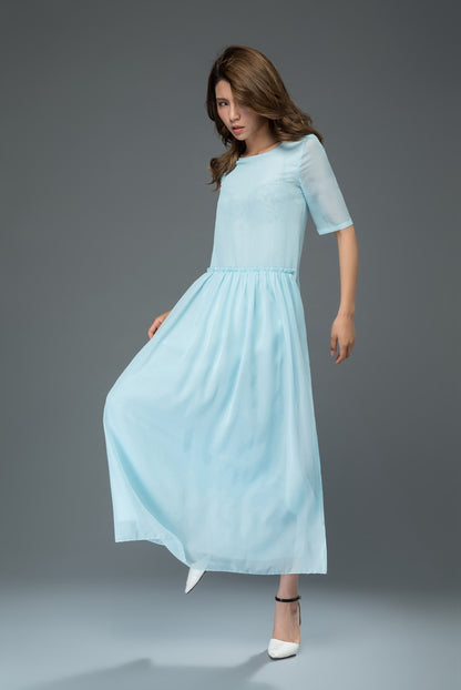 Swing maxi blue chiffon dress women c916