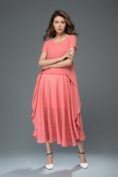 Red loose fit summer linen dress women c917
