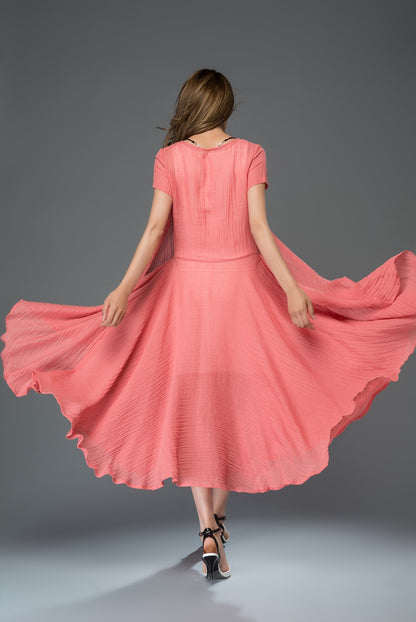Red loose fit summer linen dress women c917