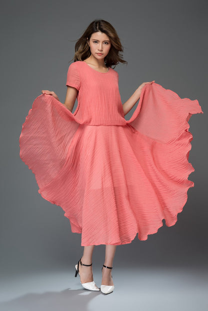 Red loose fit summer linen dress women c917