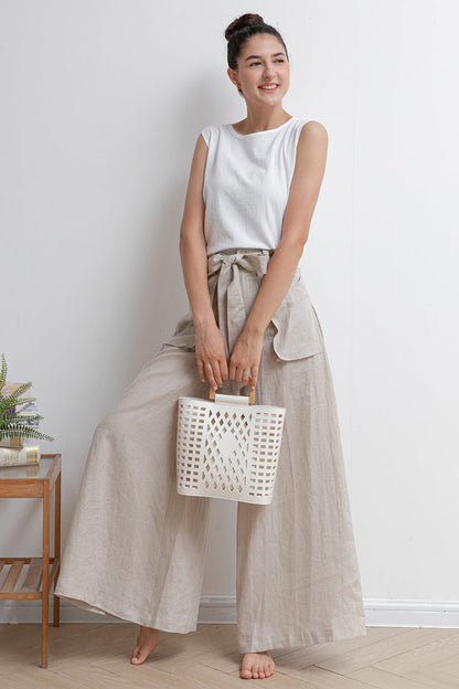 Women Wide Leg Linen Pants C2932,Size 175-US0 #CK2202010