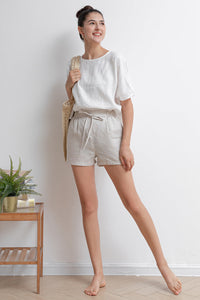 Elastic Waist Beige Linen Shorts C2935,Size 175-US0 #CK2201989