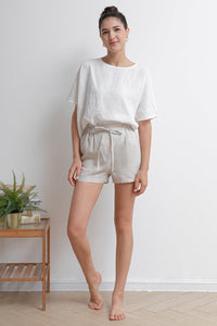 Elastic Waist Beige Linen Shorts C2935,Size 175-US0 #CK2201989