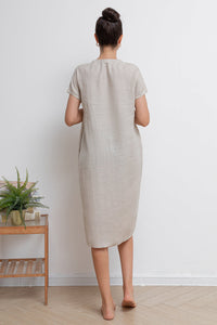 Beige V-neck Midi Linen Dress C2940,Size 175-US0 #CK2202016