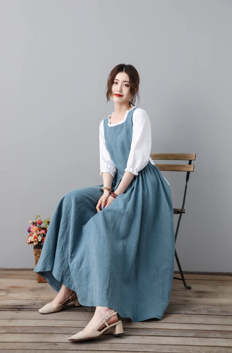 Handmade Pleated Swing Midi Linen Dress C2313