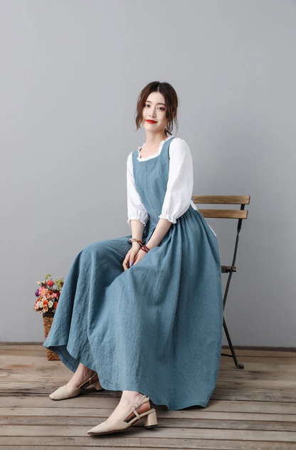 Handmade Pleated Swing Midi Linen Dress C2313