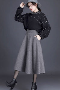 gray a line skirt with wide waist band, winter wool skirt  C3428