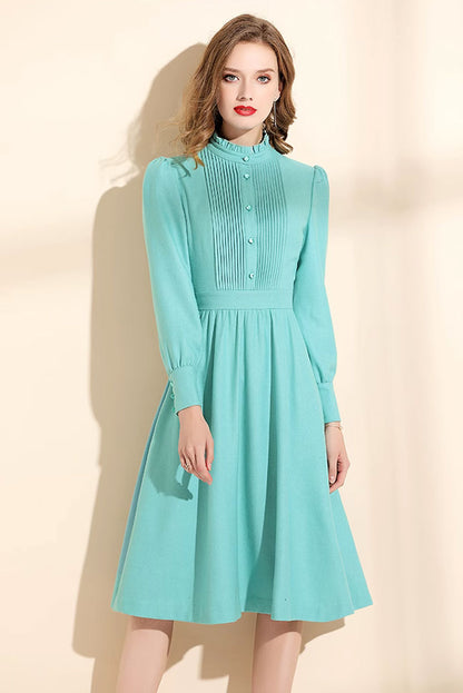 Mint green wool dress, womens winter dress with ruffle details C3466