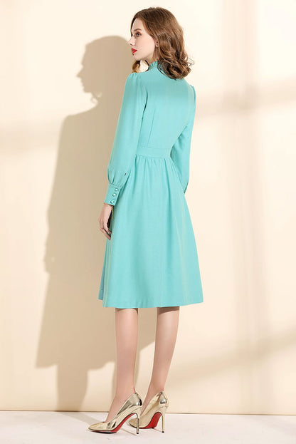 Mint green wool dress, womens winter dress with ruffle details C3466