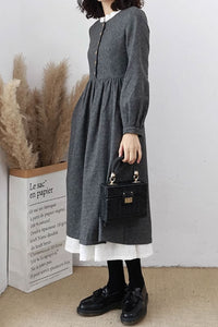 Grey pleated winter wool dress women C3647