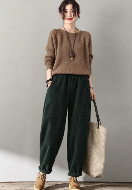 Green Corduroy Pants - Tapered Ankle Length with Elastic Waist c5634