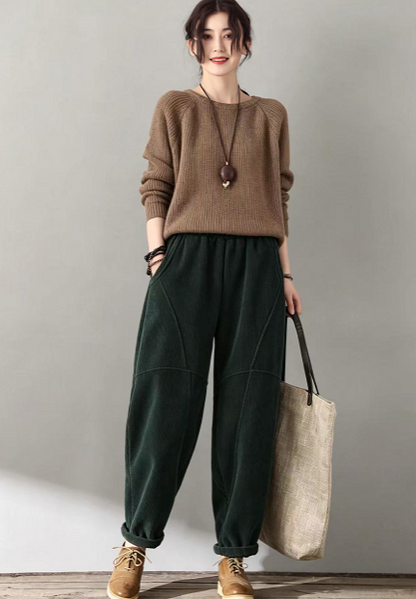 Green Corduroy Pants - Tapered Ankle Length with Elastic Waist c5634