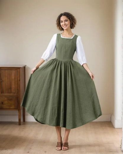 Handmade Pleated Swing Midi Linen Dress C2313