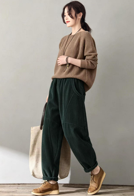 Green Corduroy Pants - Tapered Ankle Length with Elastic Waist c5634