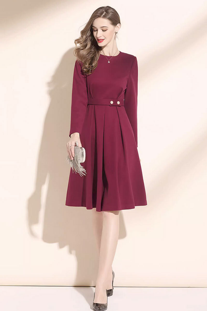wine red fit and flare wool dress women C3420