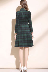 green plaid long sleeves winter wool dress women C3445