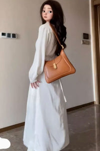 autumn maxi white dress for women with drawstring waist C3491