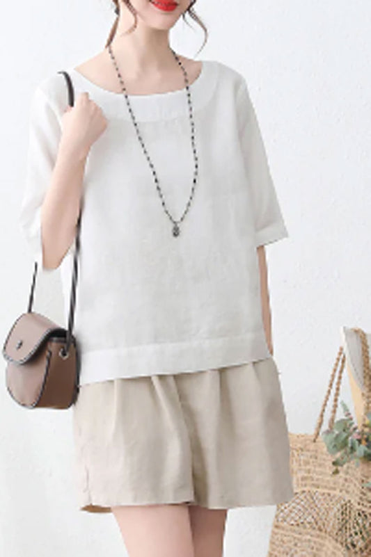 White linen blouse, Short sleeve linen blouse  C2338