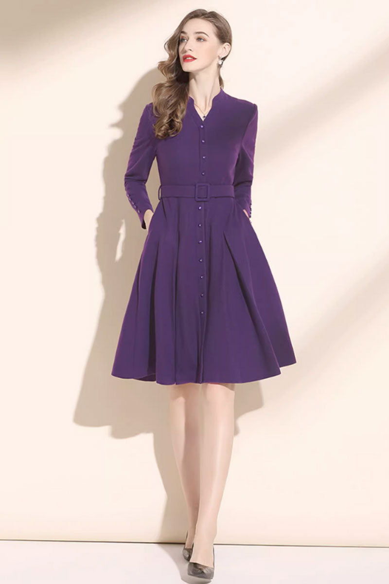 V neck purple winter wool dress with belted waist C3442 YLISTYLE V neck purple winter wool dress with belted waist C3442 YLISTYLE