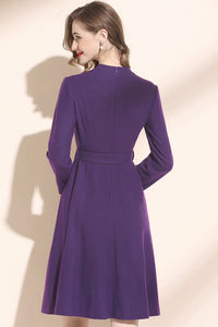 V neck purple winter wool dress with belted waist C3442