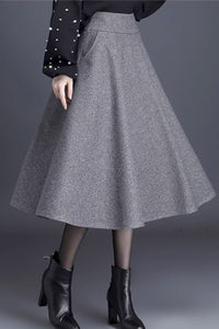 gray a line skirt with wide waist band, winter wool skirt  C3428