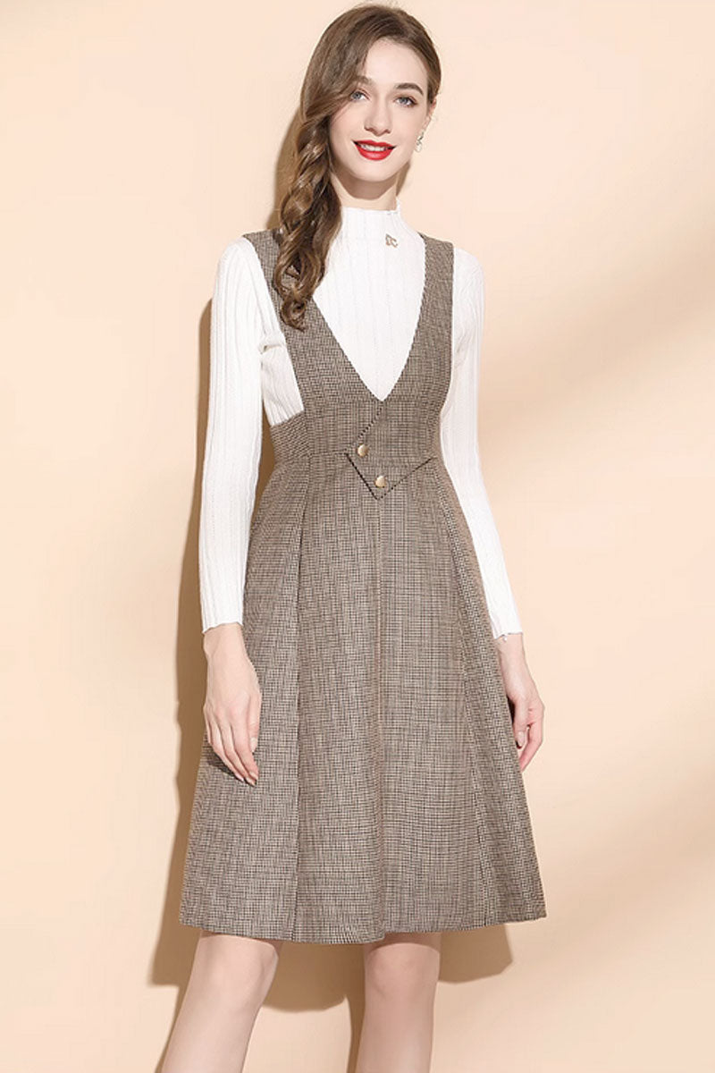 women's pinafore dresses for winter Plaid Wool midi Dress, Wool Pinafore Dress, Pleated Wool Dress, Fit and flare Wool dress women, Winter dress women, Handmade dress C4271