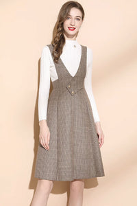 Plaid Wool Pinafore Dress, winter sleeveless woll dress C3447