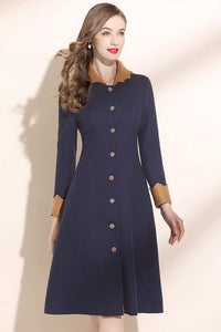 blue fit and flare wool dress with button closure in front  C3443
