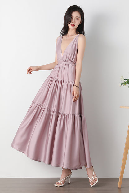 Backless Maxi Deep V Neck Dress C3247