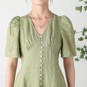 Green  V-neck Linen Dress C3256