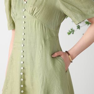 Green  V-neck Linen Dress C3256