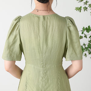 Green  V-neck Linen Dress C3256