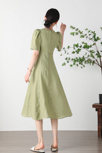 Green  V-neck Linen Dress C3256