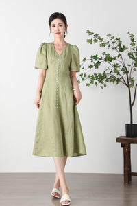 Green  V-neck Linen Dress C3256