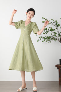 Green  V-neck Linen Dress C3256